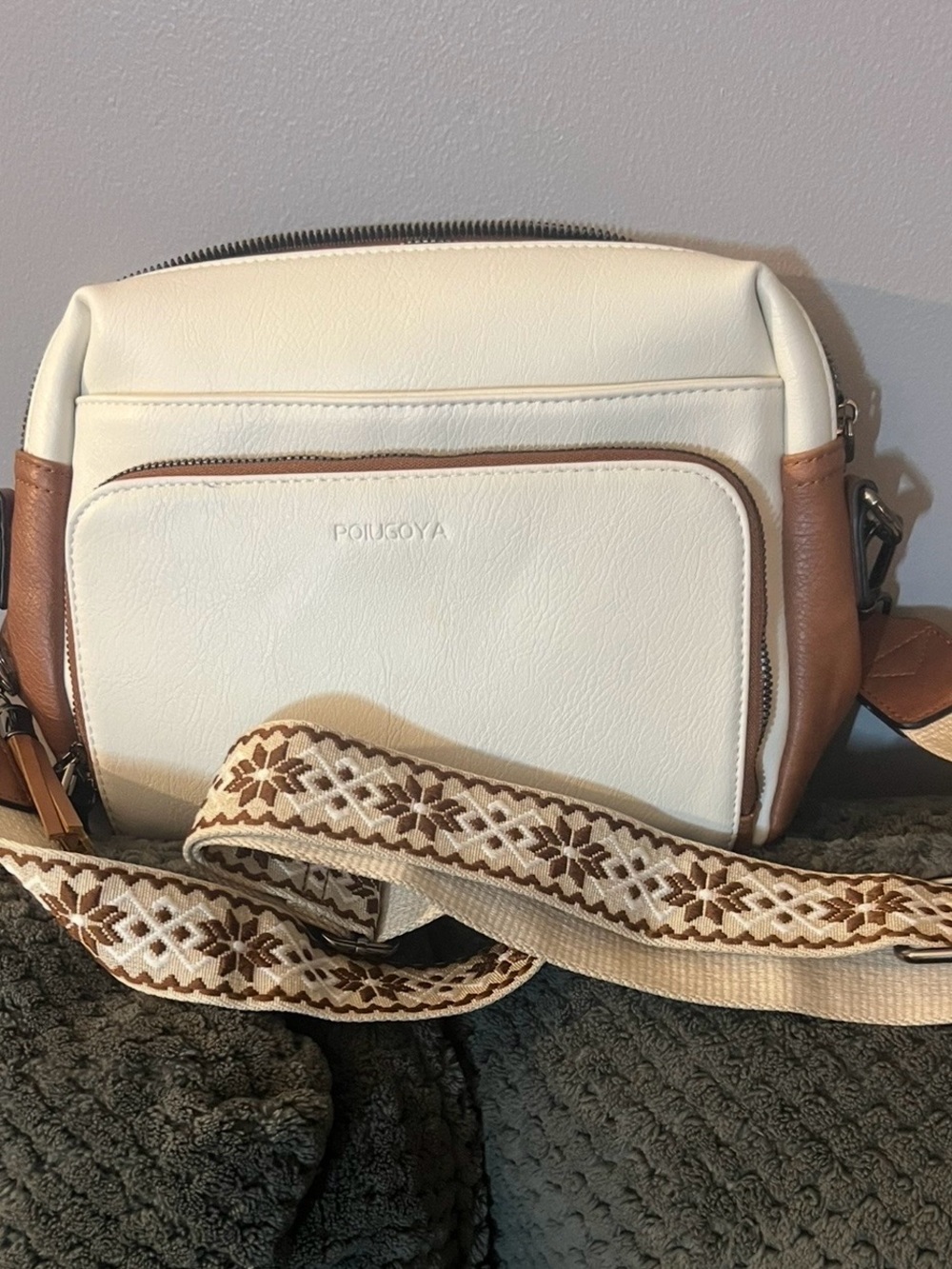 Poiugoya Cream and Brown Crossbody with Embroidered Strap